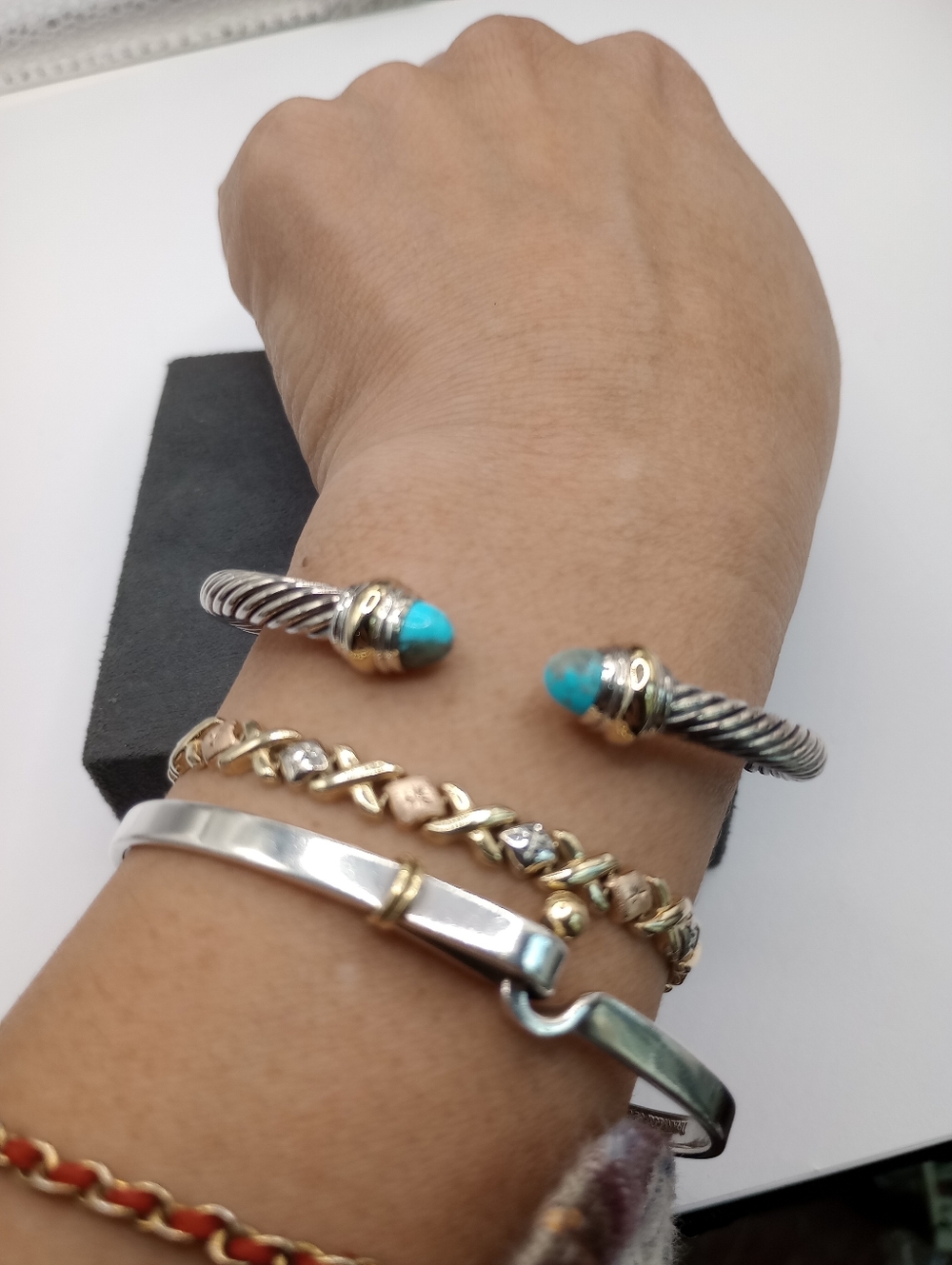 David Yurman 5 mm Silver Cable Cuff with Turquoise and Gold Accents - Picture 9 of 12